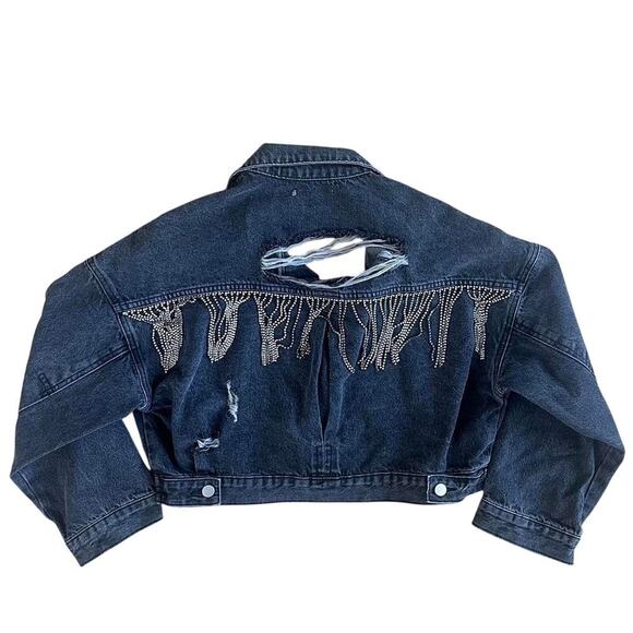 Black Denim Jacket with distressed and diamante fringe back size S - Picture 2 of 6